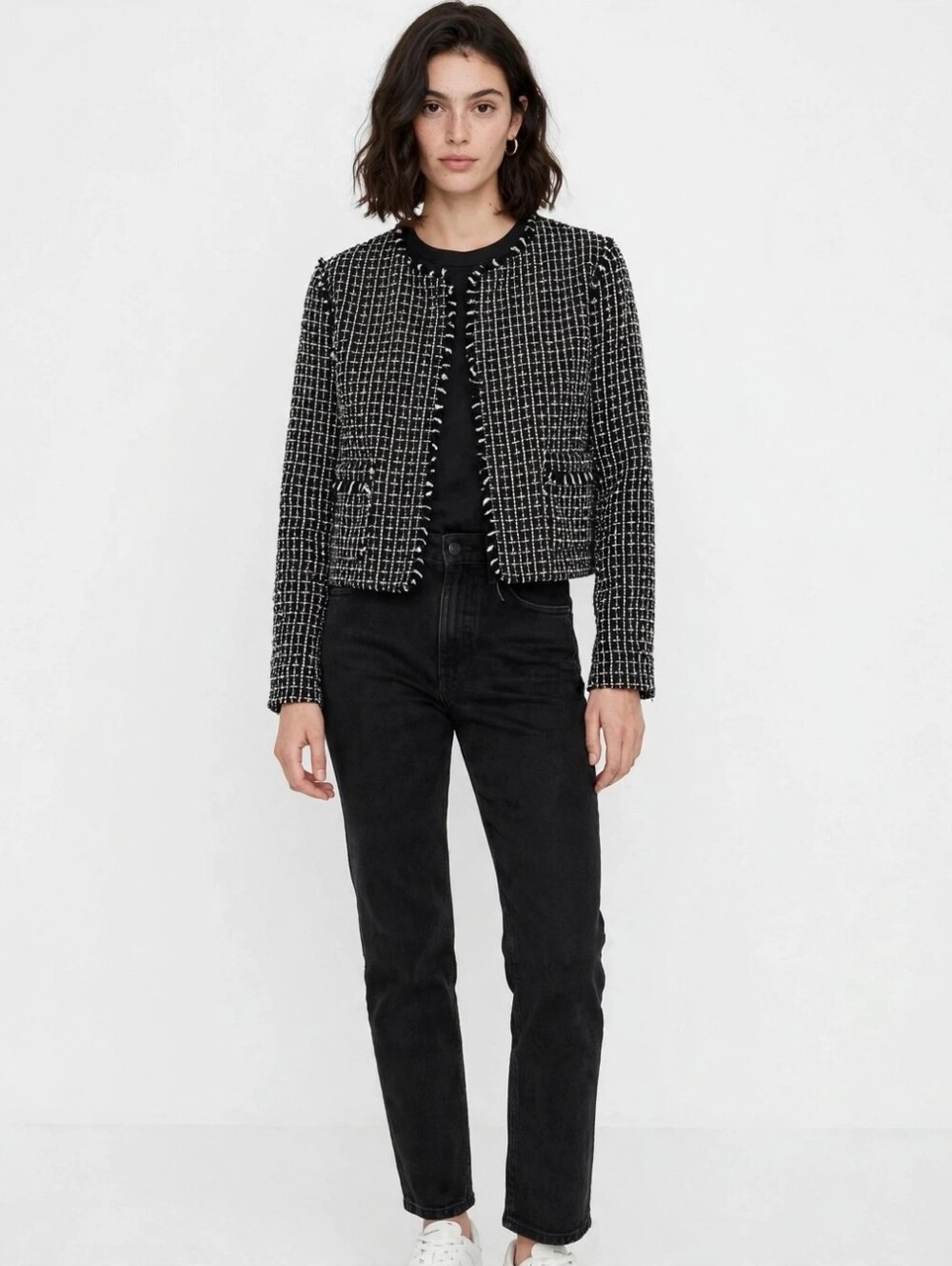 Cropped Black & White Tweed Jacket - Women's - Oversized Look